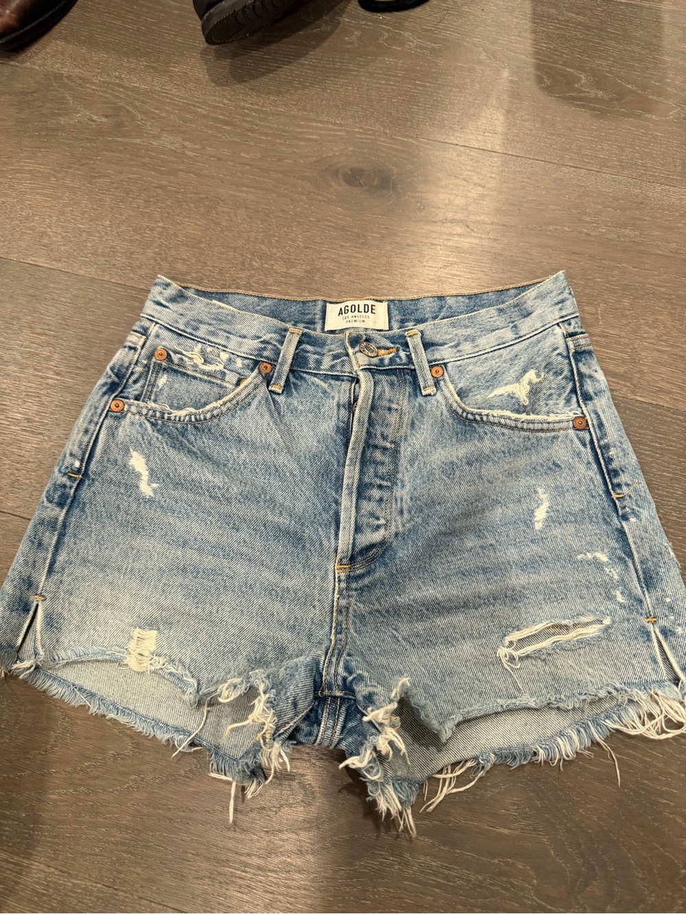 Agolde Light Wash Distressed Denim Cutoff Shorts